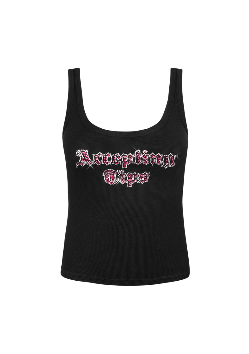 ACCEPTING TIPS RHINESTONE TANK TOP BLACK