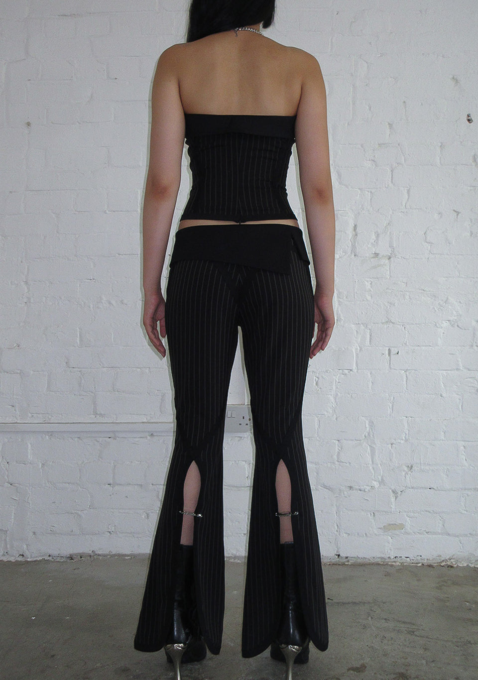 ALLURE FOLDOVER STRETCH SCULPT PANTS BLACK PINSTRIPE
