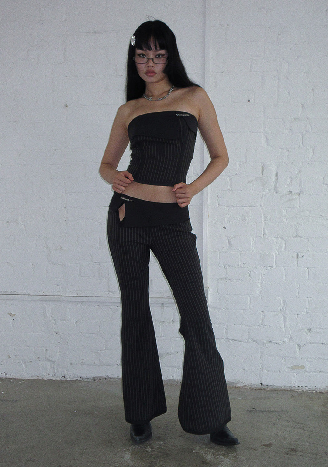 ALLURE FOLDOVER TUBE TOP BLACK PINSTRIPE