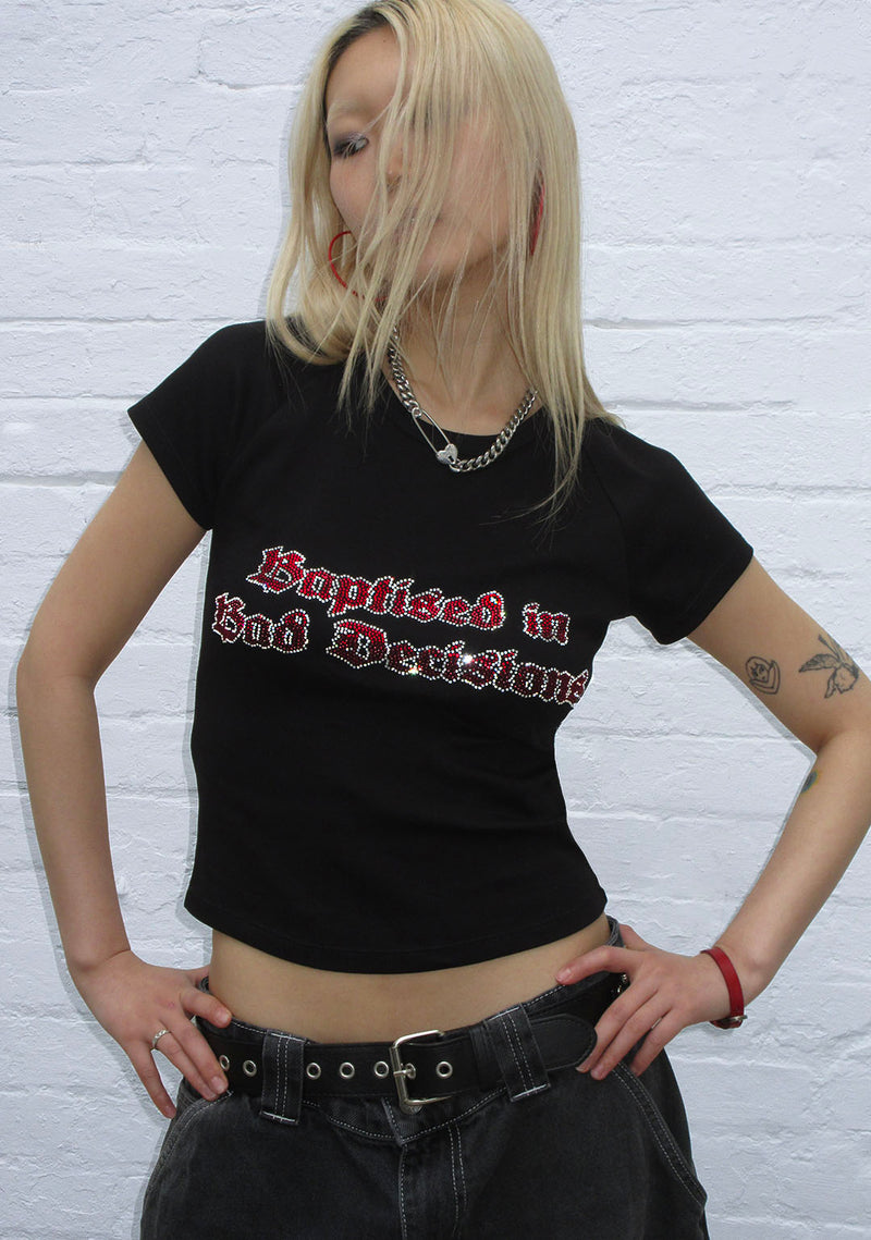 BAD DECISIONS RHINESTONE BABY TEE BLACK