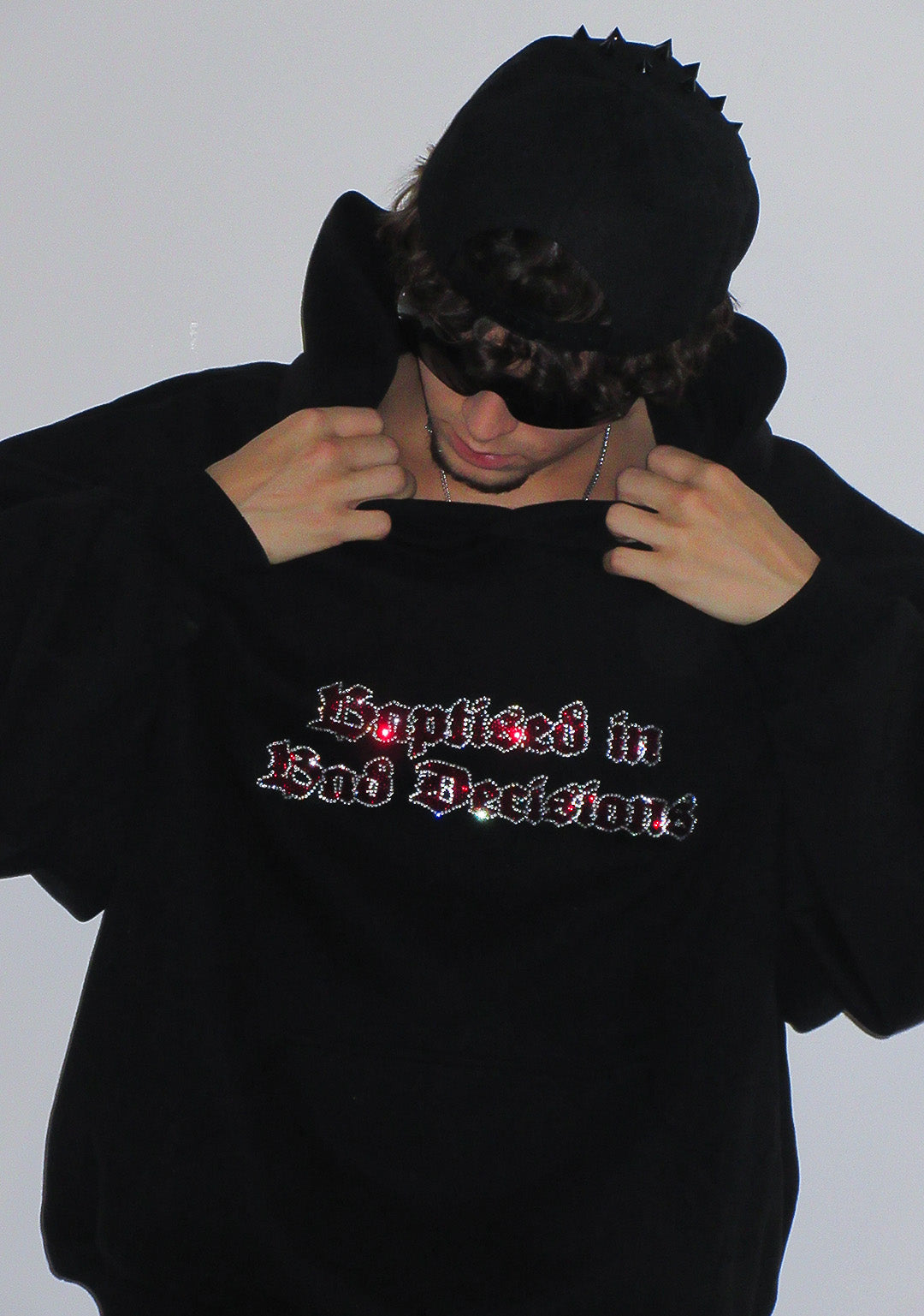 BAD DECISIONS RHINESTONE PULLOVER HOODIE BLACK