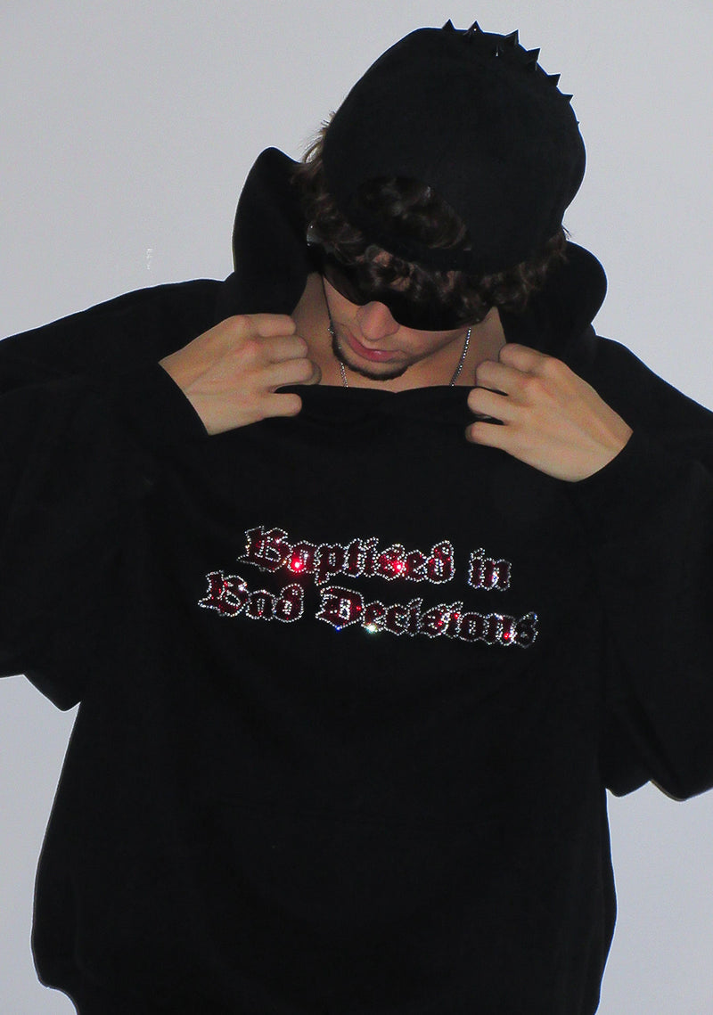 BAD DECISIONS RHINESTONE PULLOVER HOODIE BLACK