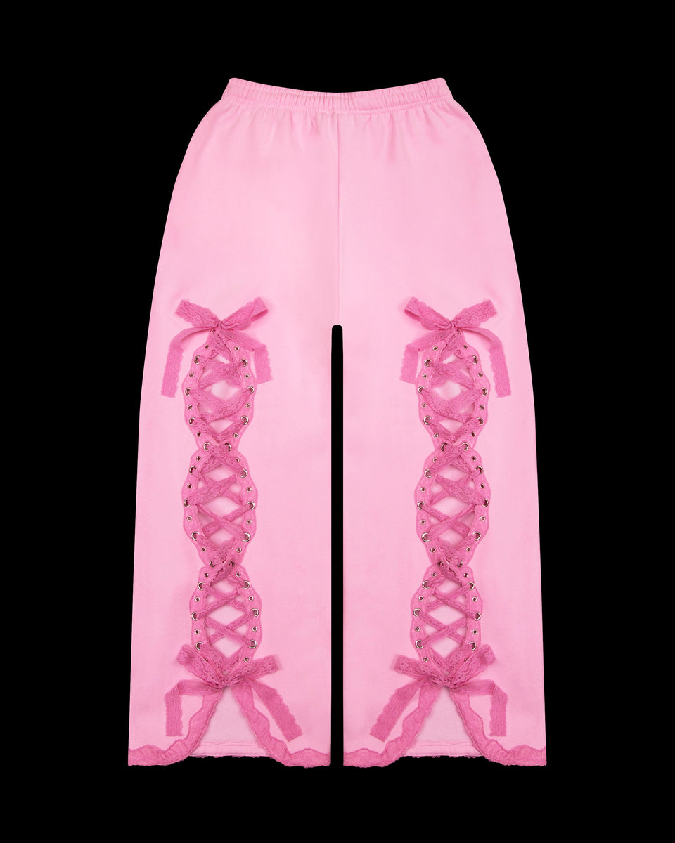 BAD ROMANCE LACE RIBBON OVERSIZED SWEATPANTS BABY PINK
