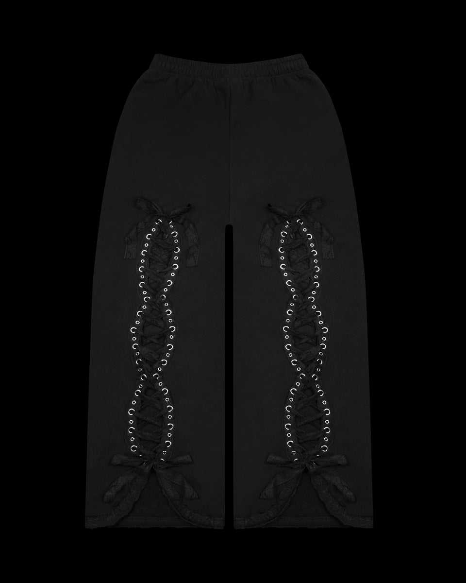 BAD ROMANCE LACE RIBBON ZIP OVERSIZED SWEATPANTS BLACK