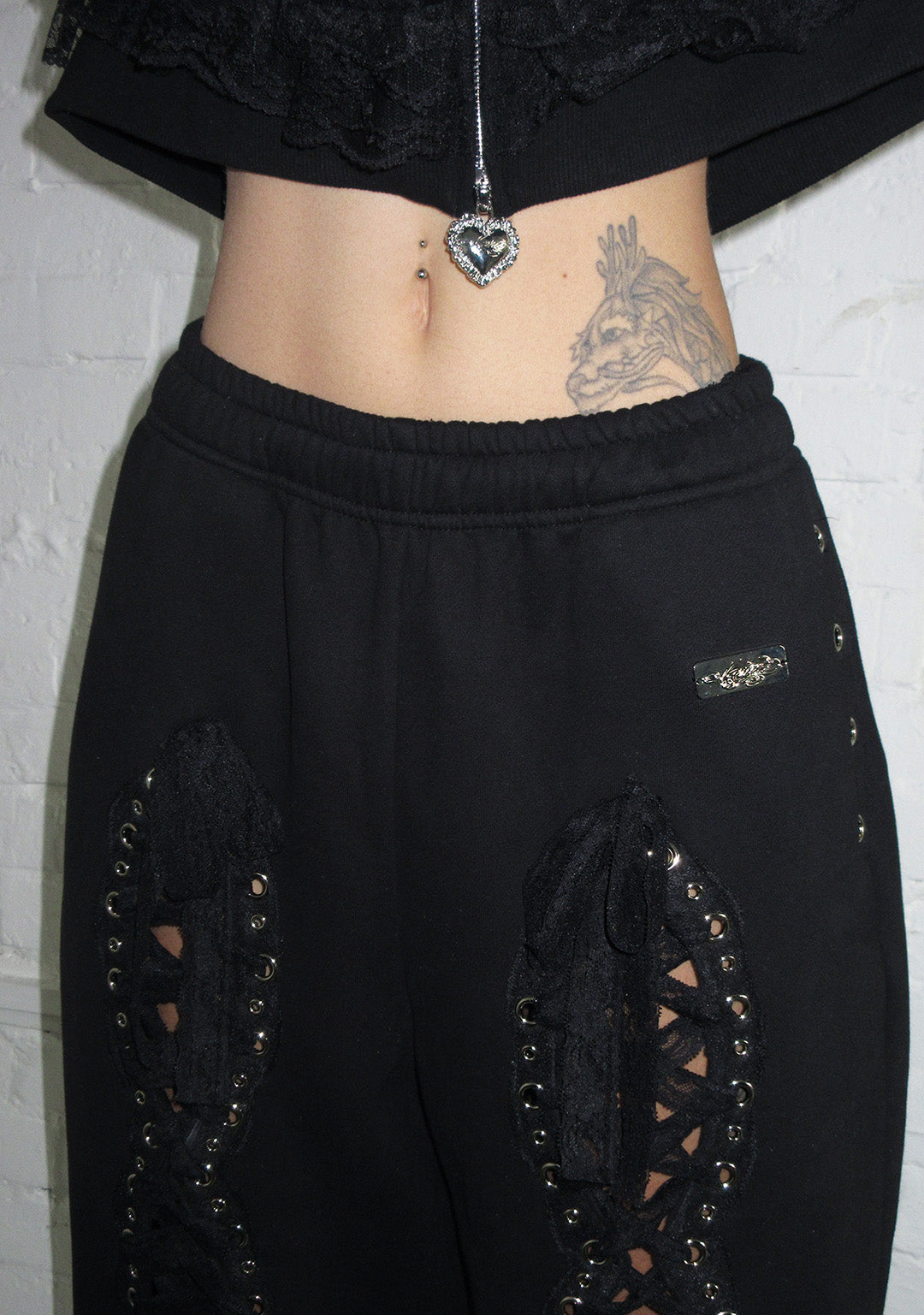 BAD ROMANCE LACE RIBBON OVERSIZED SWEATPANTS BLACK