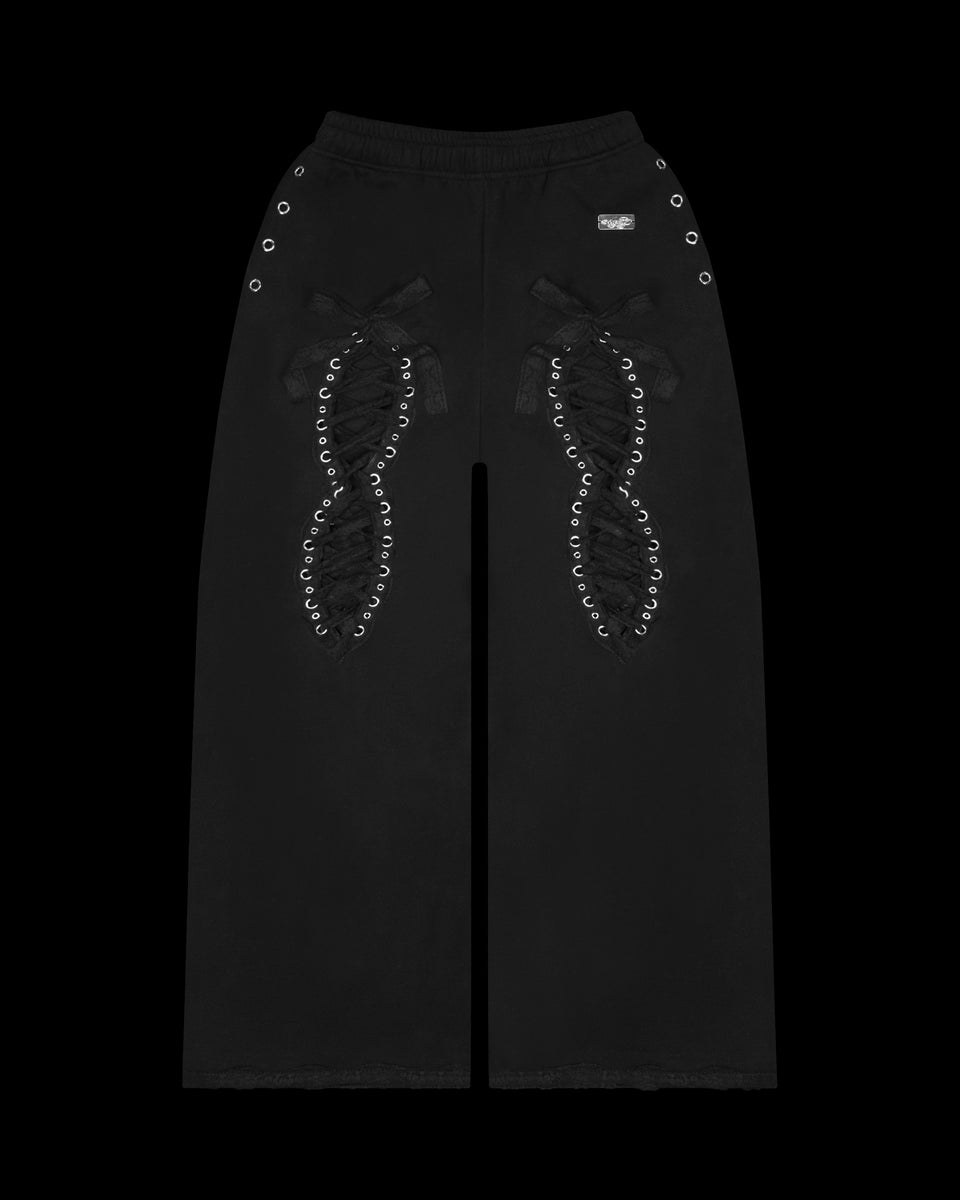 BAD ROMANCE LACE RIBBON ZIP OVERSIZED SWEATPANTS BLACK