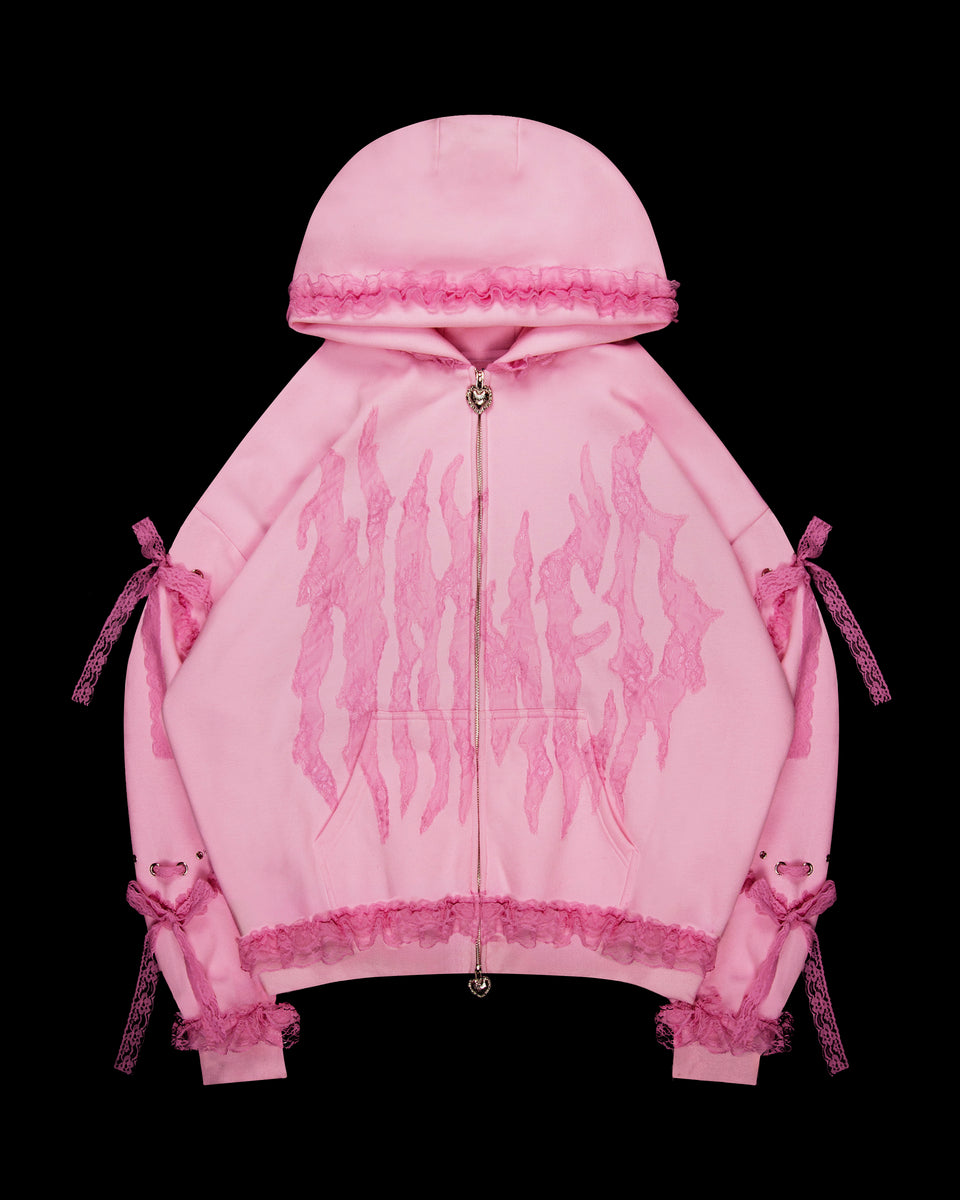 BAD ROMANCE LACE RIBBON ZIP HOODIE BABY PINK