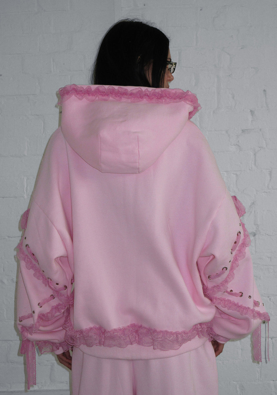 BAD ROMANCE LACE RIBBON ZIP HOODIE BABY PINK