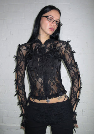 BAD ROMANCE SHEER LACE SCULPT STRETCH ZIP HOODIE BLACK