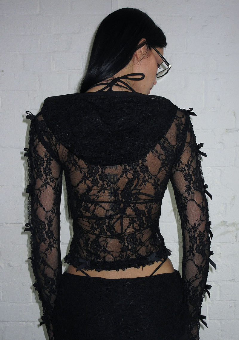 BAD ROMANCE SHEER LACE SCULPT STRETCH ZIP HOODIE BLACK