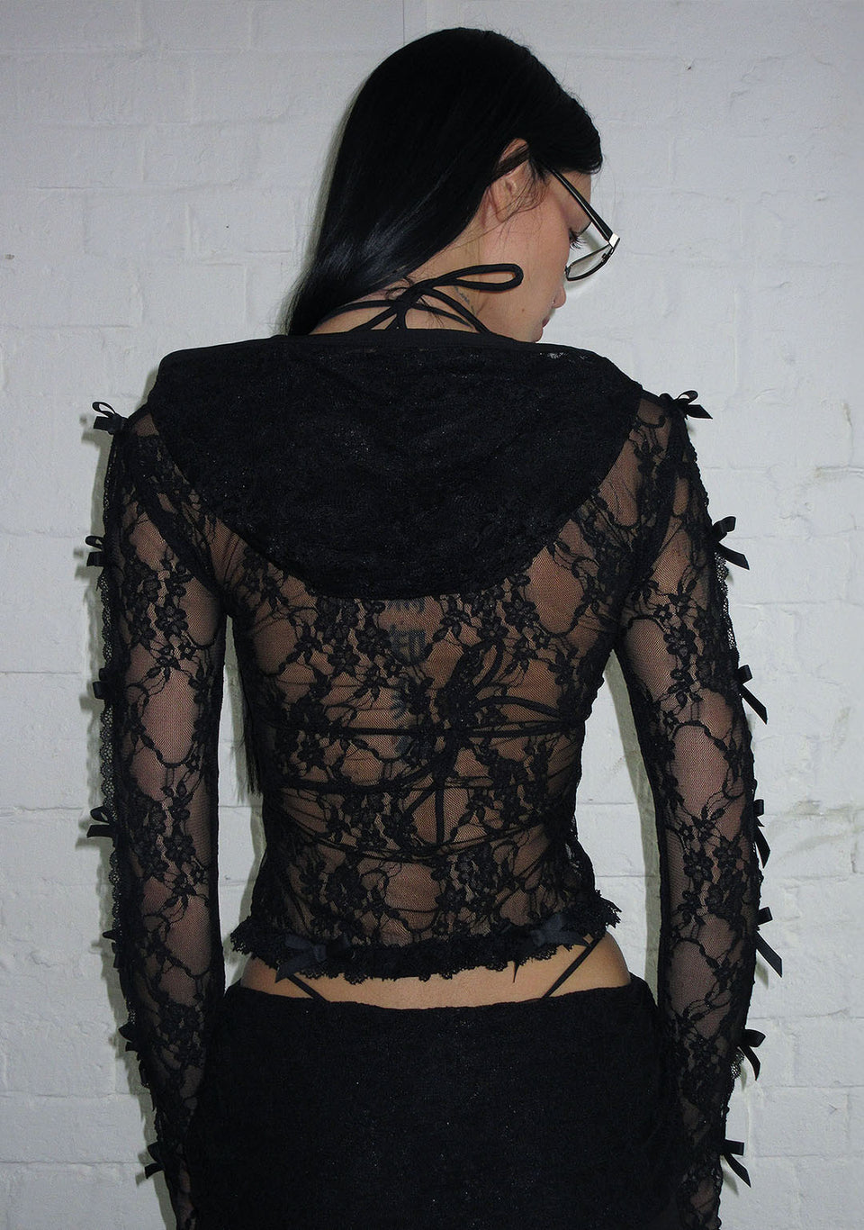 BAD ROMANCE SHEER LACE SCULPT STRETCH ZIP HOODIE BLACK