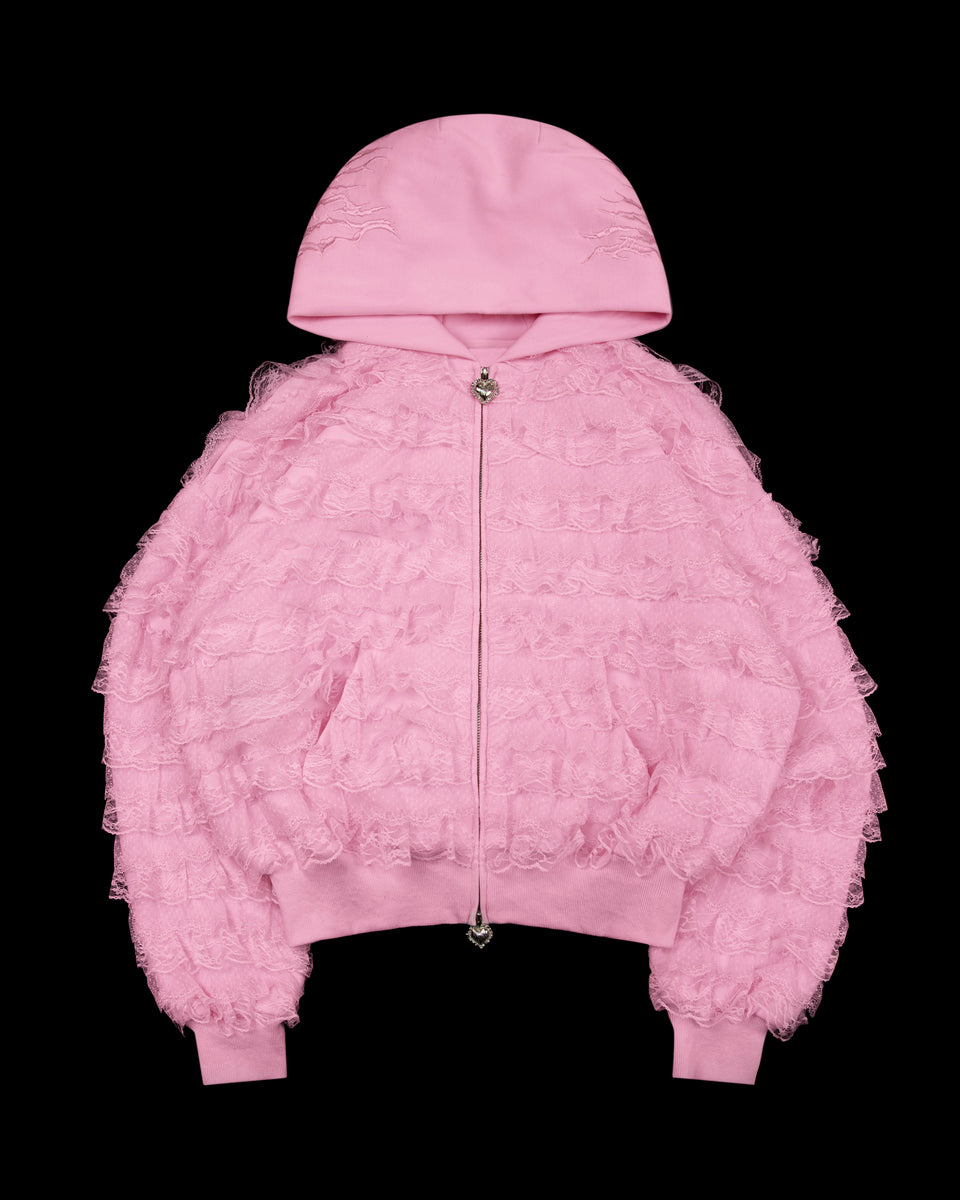 BAD ROMANCE RUFFLE ZIP HOODIE BABY PINK