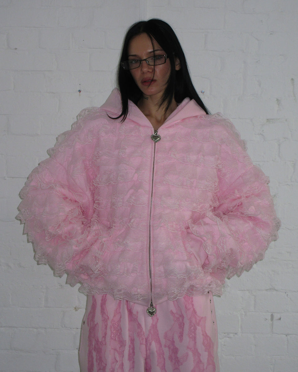 BAD ROMANCE RUFFLE ZIP HOODIE BABY PINK