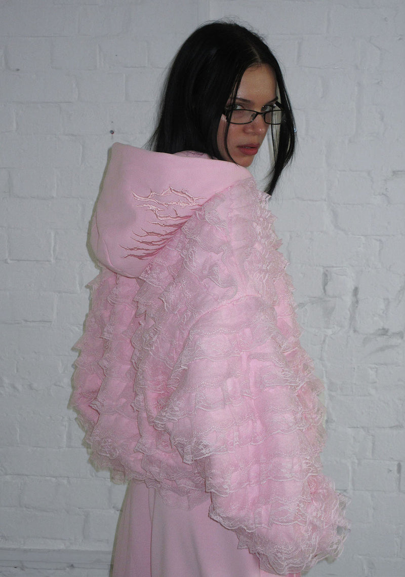 BAD ROMANCE RUFFLE ZIP HOODIE BABY PINK