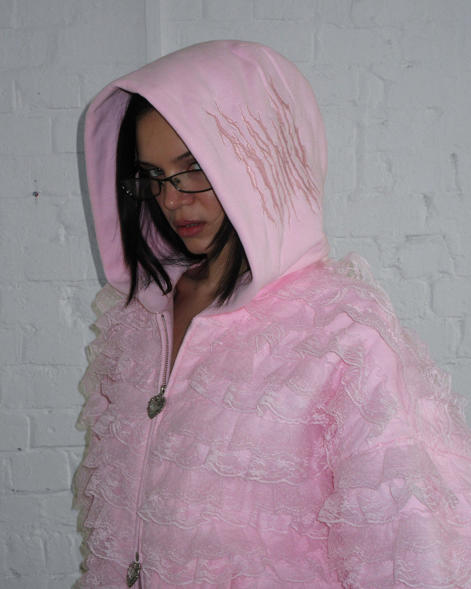 BAD ROMANCE RUFFLE ZIP HOODIE BABY PINK