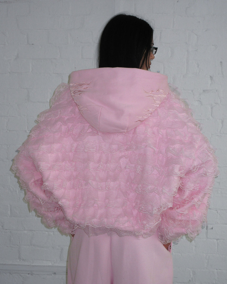 BAD ROMANCE RUFFLE ZIP HOODIE BABY PINK