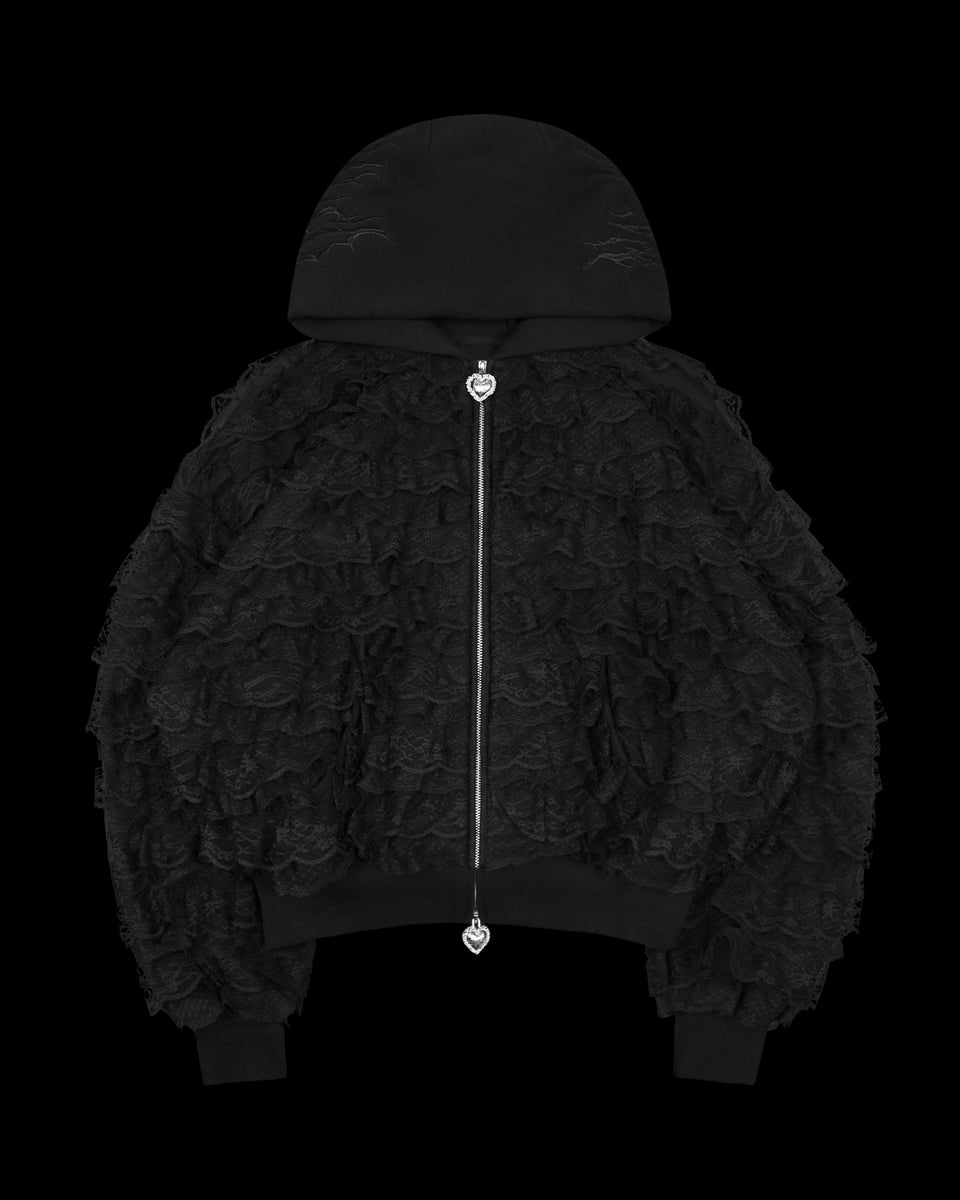 BAD ROMANCE RUFFLE ZIP HOODIE BLACK