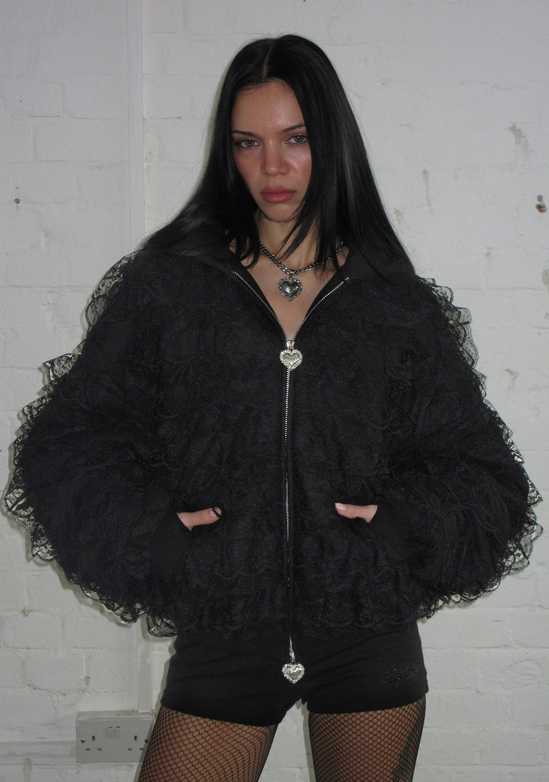 BAD ROMANCE LACE RUFFLE ZIP HOODIE BLACK