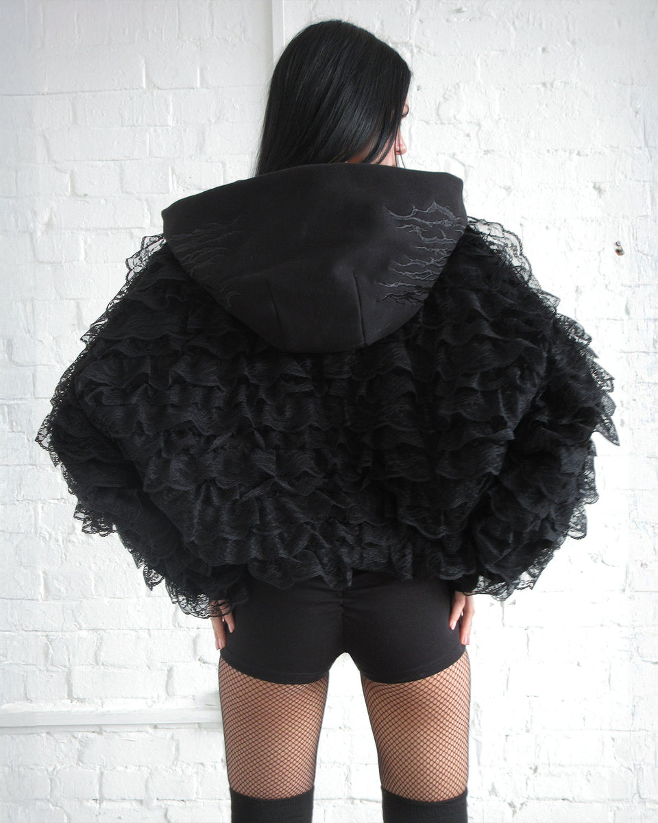 BAD ROMANCE RUFFLE ZIP HOODIE BLACK