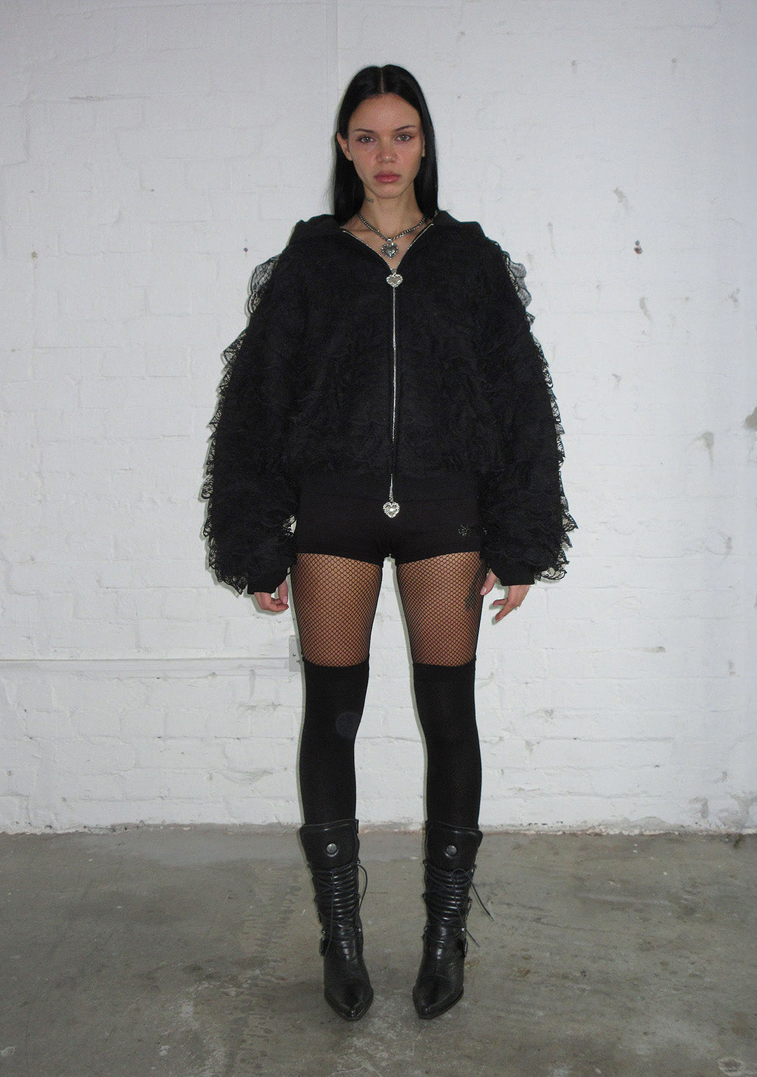 BAD ROMANCE LACE RUFFLE ZIP HOODIE BLACK