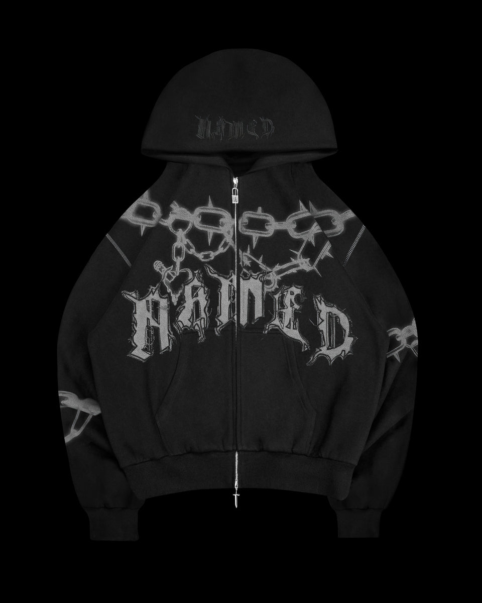 Two dimensional view of Chains zip hoodie black displayed on a black background.