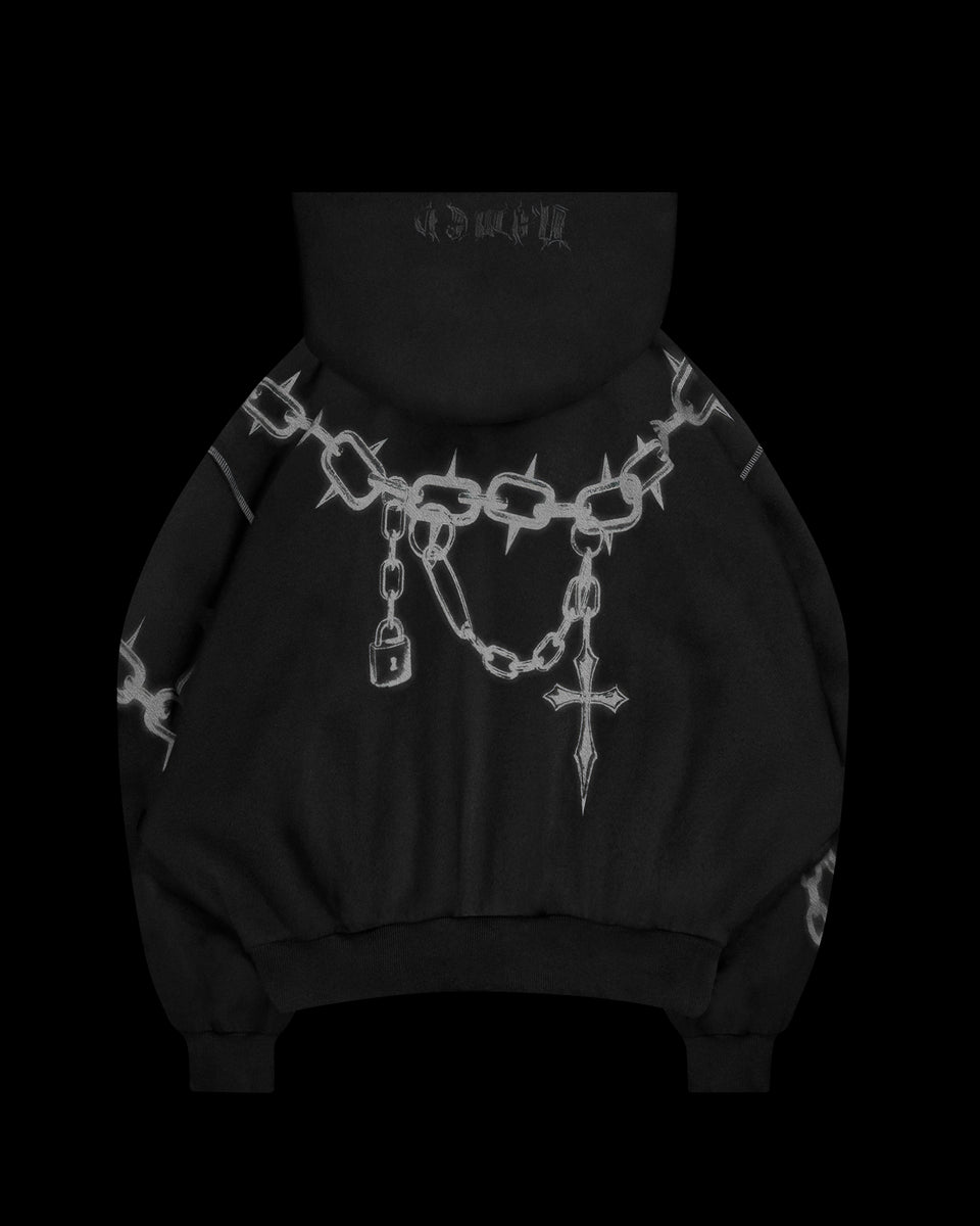 Chains zip hoodie black displayed on a black background.