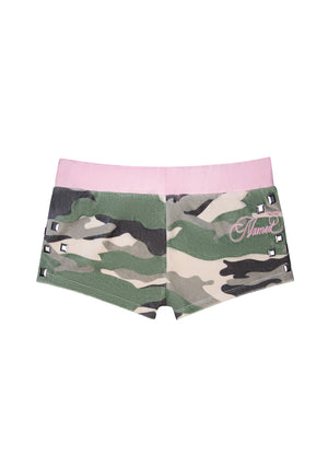 COLLIDE STUDDED VELOUR MICRO SHORTS CAMO