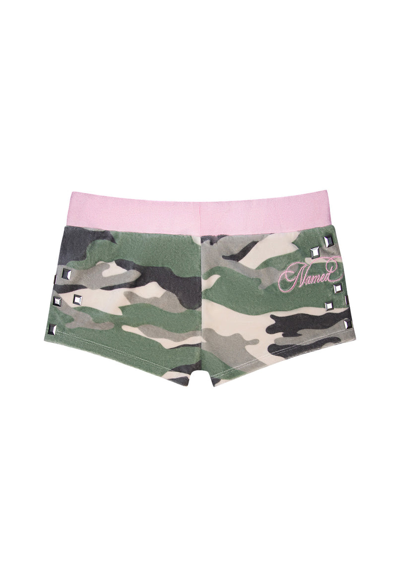 COLLIDE STUDDED VELOUR MICRO SHORTS CAMO