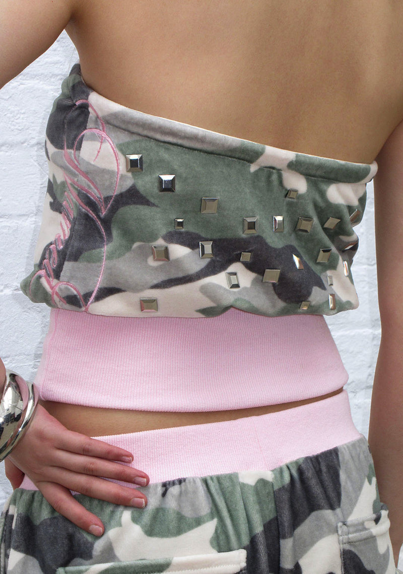 COLLIDE STUDDED VELOUR TUBE TOP CAMO