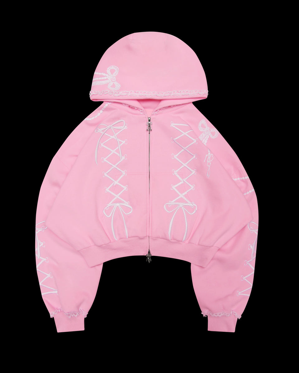 CONFESSIONS EMBROIDERED CROP ZIP HOODIE BABY PINK