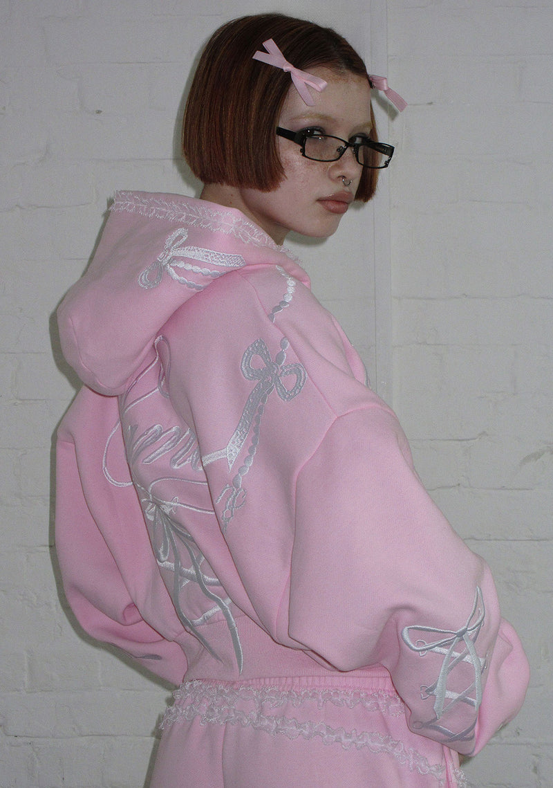 CONFESSIONS EMBROIDERED CROP ZIP HOODIE BABY PINK