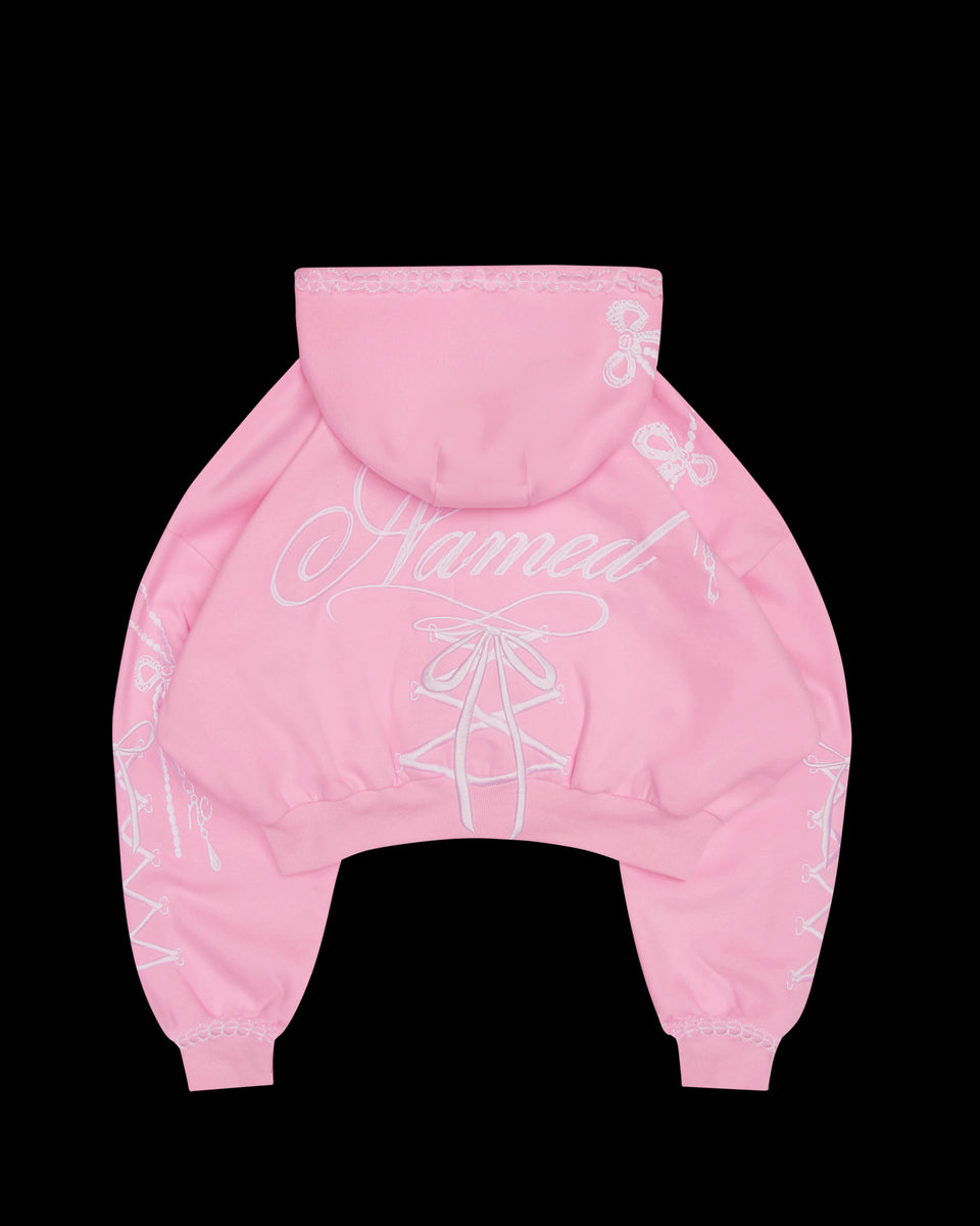 CONFESSIONS EMBROIDERED CROP ZIP HOODIE BABY PINK