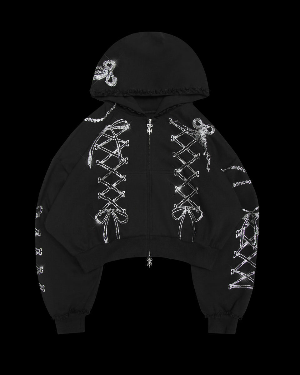 CONFESSIONS RHINESTONE CROP ZIP HOODIE BLACK