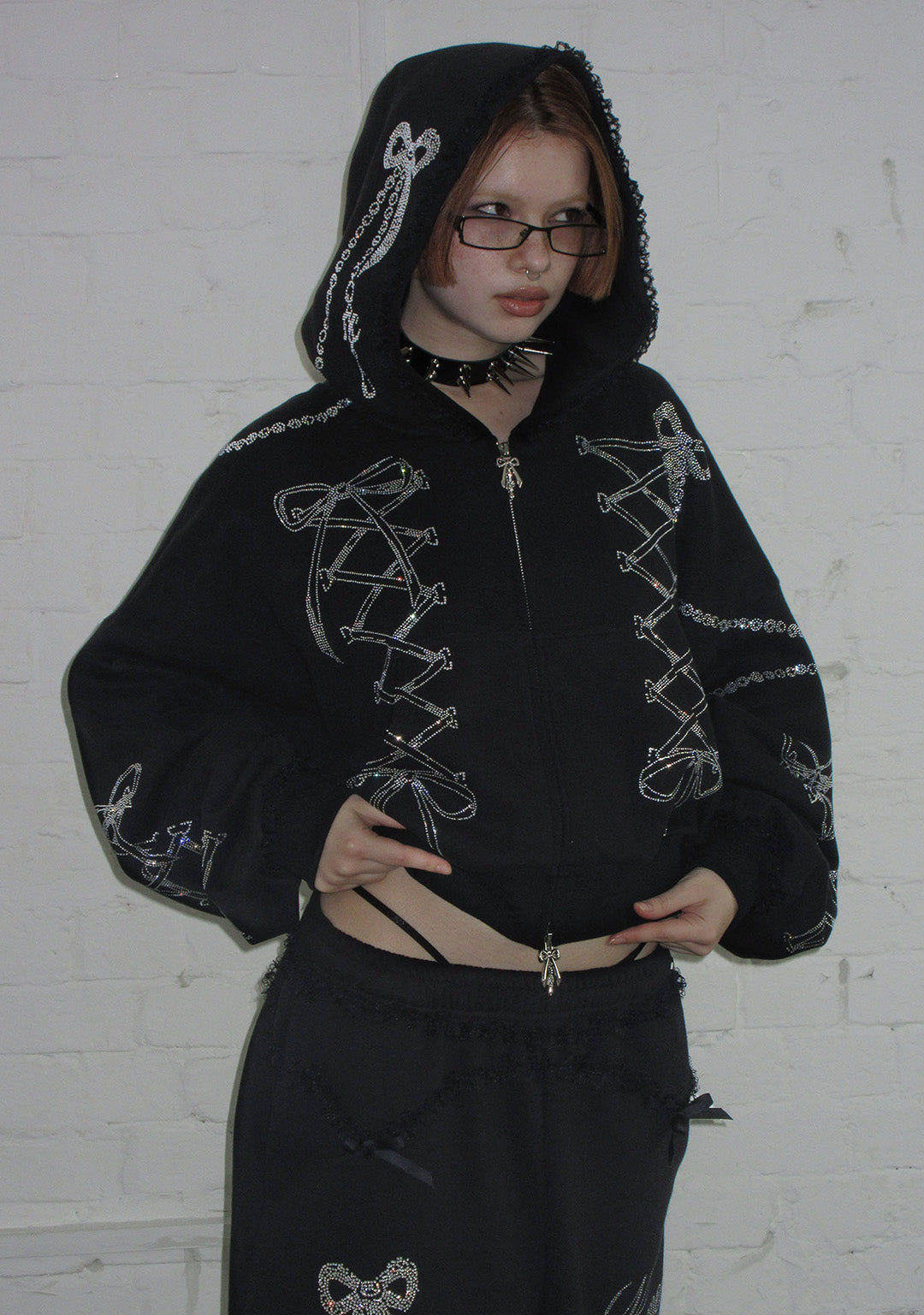 CONFESSIONS RHINESTONE CROP ZIP HOODIE BLACK