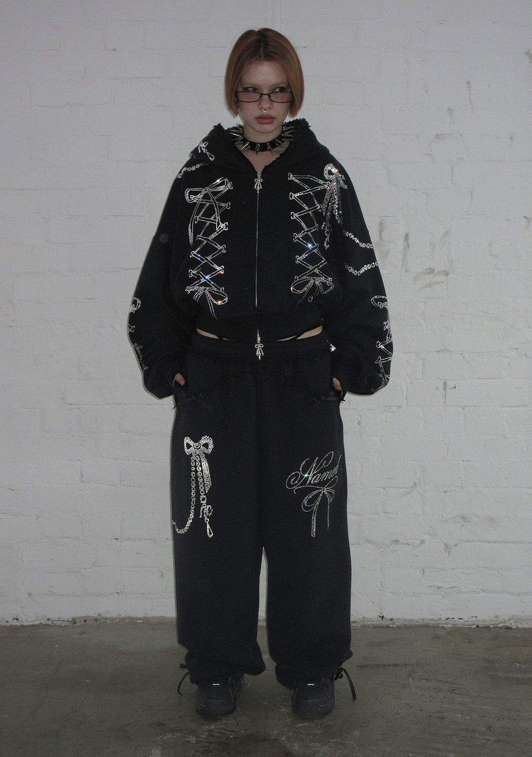 CONFESSIONS RHINESTONE CROP ZIP HOODIE BLACK