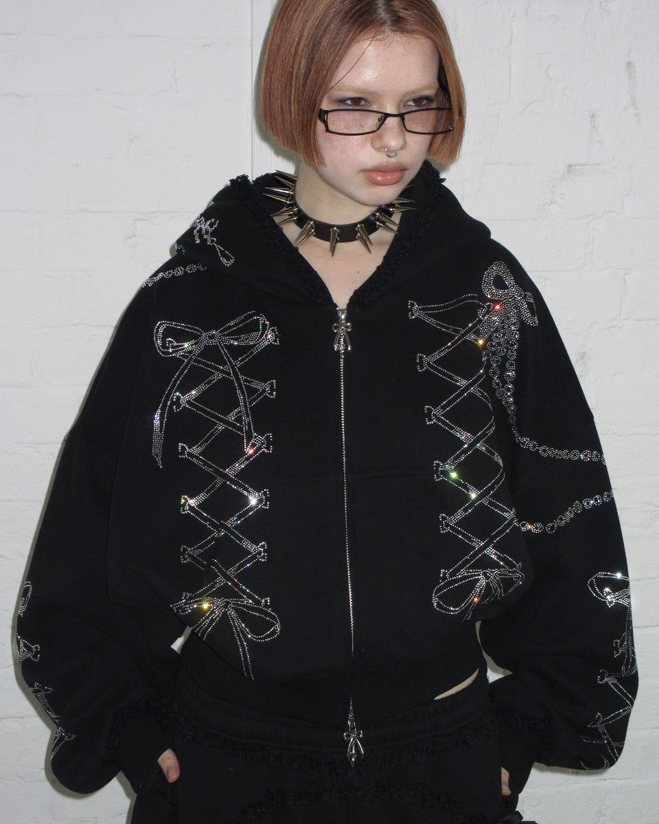 CONFESSIONS RHINESTONE CROP ZIP HOODIE BLACK