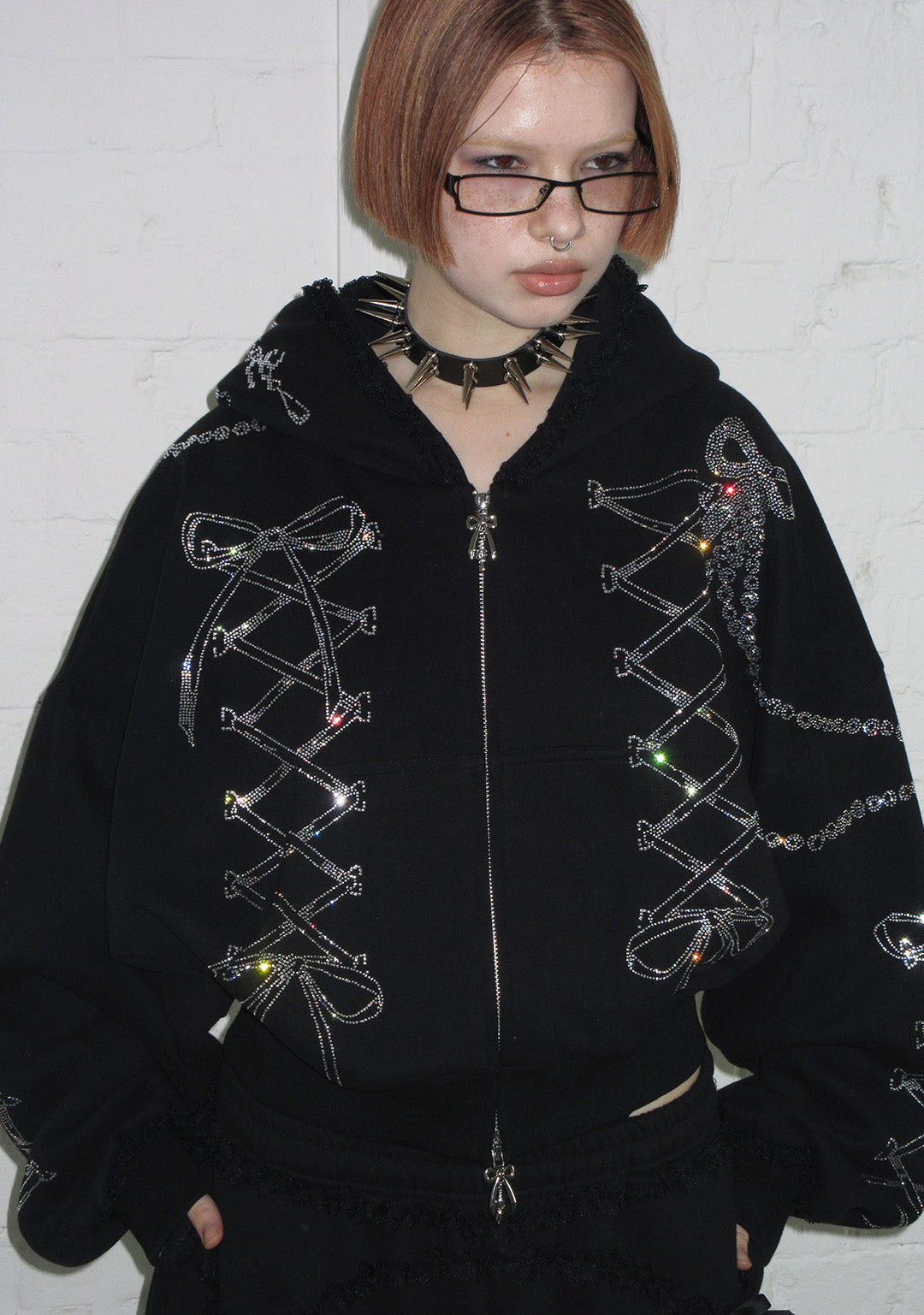 CONFESSIONS RHINESTONE CROP ZIP HOODIE BLACK