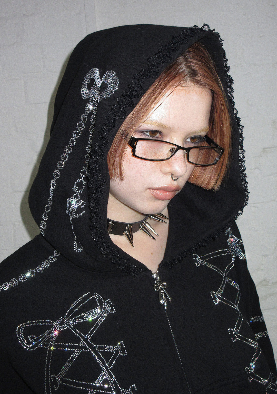 CONFESSIONS RHINESTONE CROP ZIP HOODIE BLACK