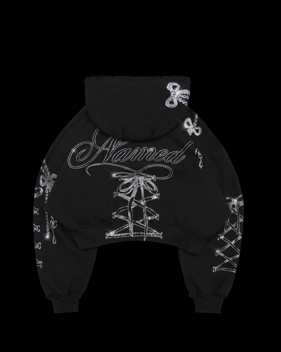 CONFESSIONS RHINESTONE CROP ZIP HOODIE BLACK