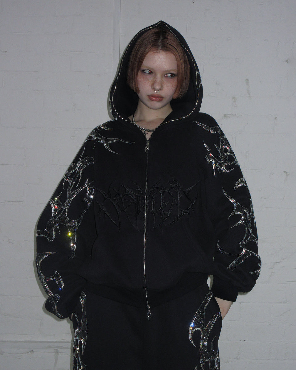 CRASH RHINESTONE ZIP HOODIE BLACK