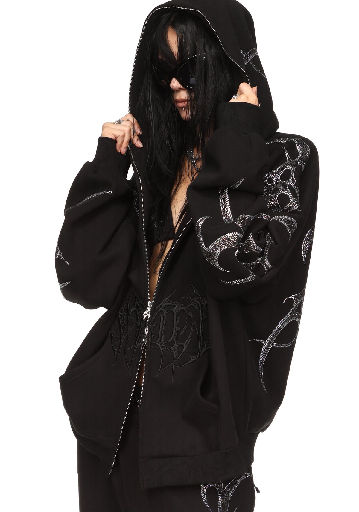 CRASH RHINESTONE ZIP HOODIE BLACK