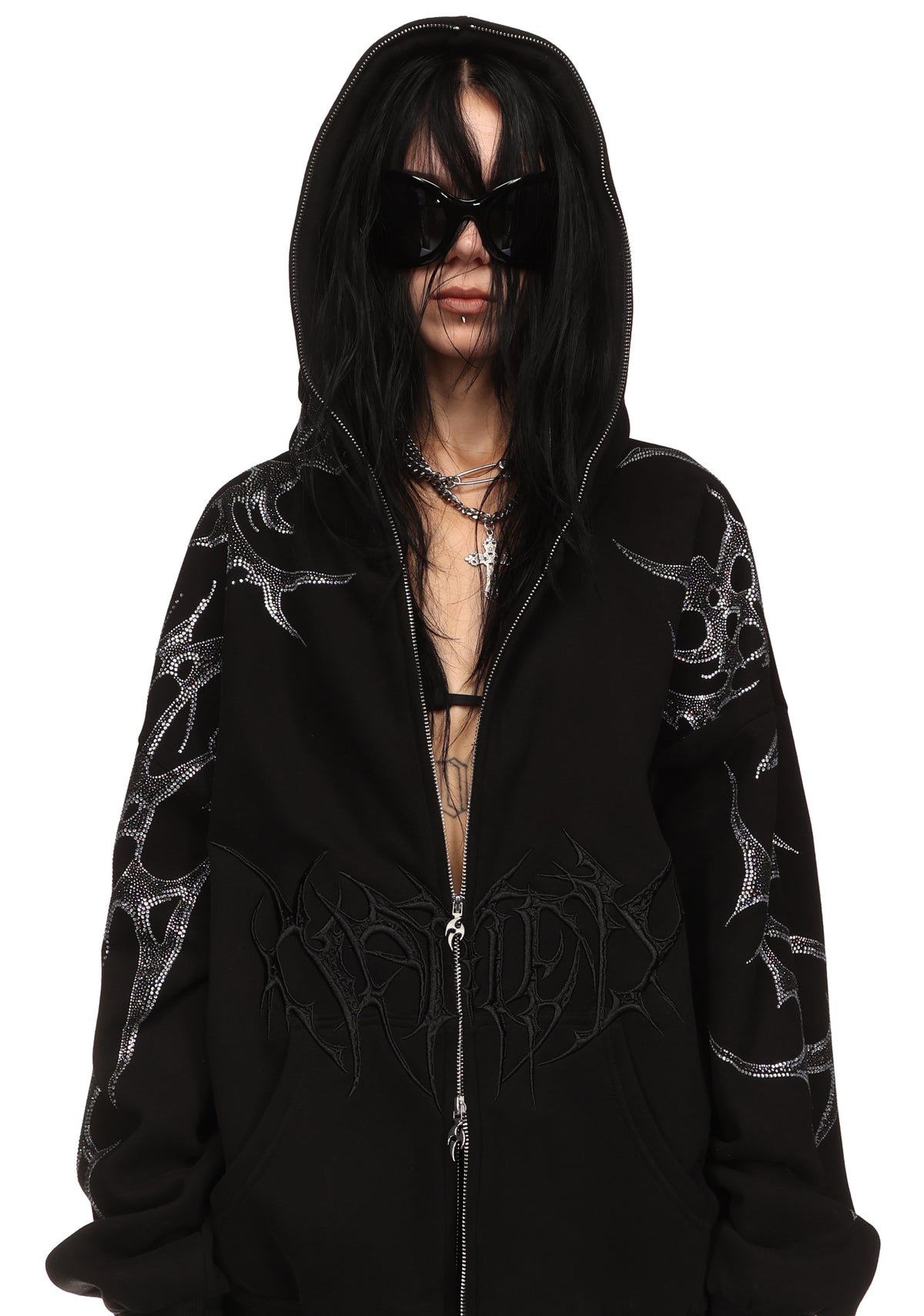 CRASH RHINESTONE ZIP HOODIE BLACK