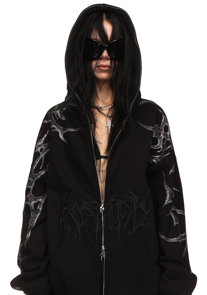 CRASH RHINESTONE ZIP HOODIE BLACK
