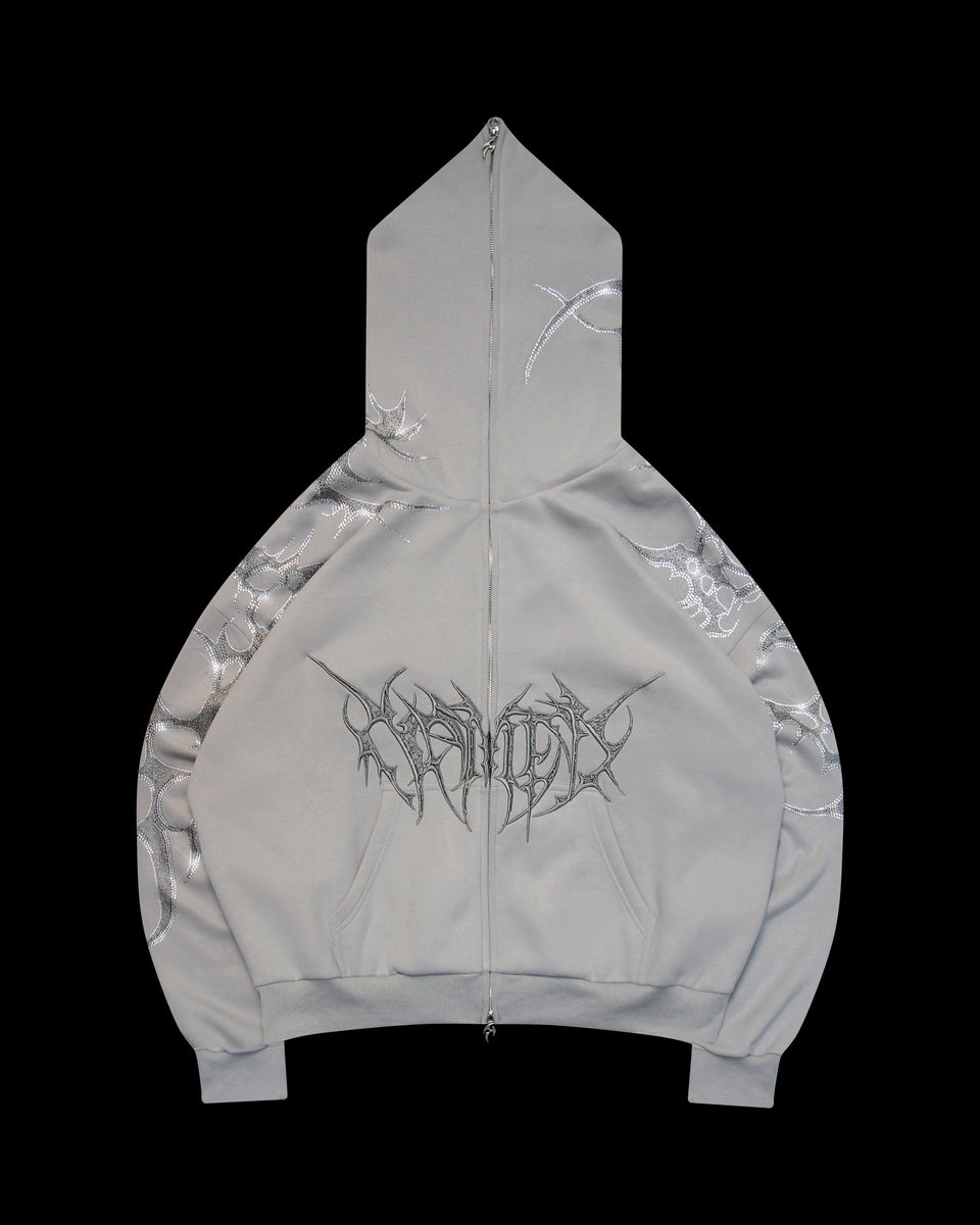 CRASH RHINESTONE ZIP HOODIE SMOKE GREY