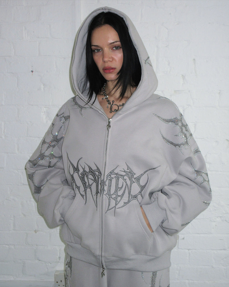 CRASH RHINESTONE ZIP HOODIE SMOKE GREY