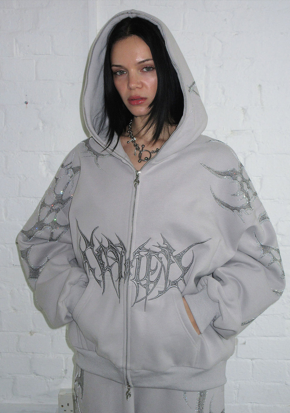 CRASH RHINESTONE ZIP HOODIE SMOKE GREY