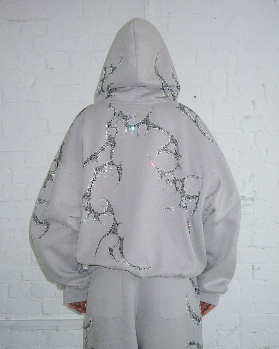 CRASH RHINESTONE ZIP HOODIE SMOKE GREY