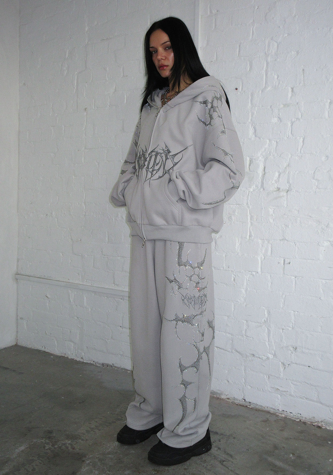 CRASH RHINESTONE ZIP HOODIE SMOKE GREY