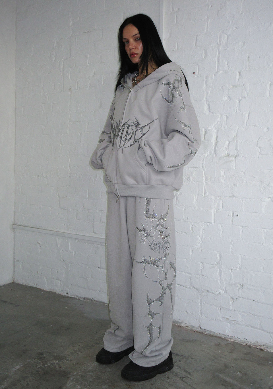 CRASH RHINESTONE ZIP HOODIE SMOKE GREY