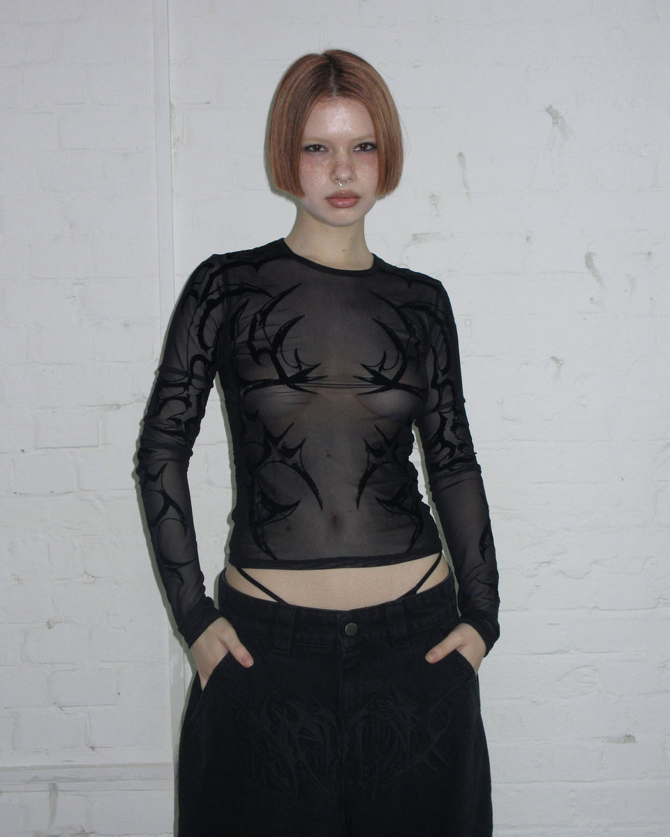 CRASH SHEER MESH LONG SLEEVE TOP BLACK